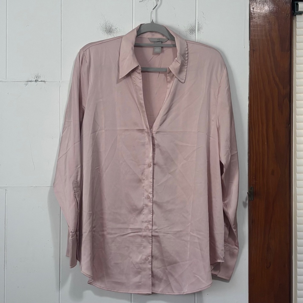 HM Womens Long Sleeve Satin Button Down Blouse Dusty Rose Pink Large